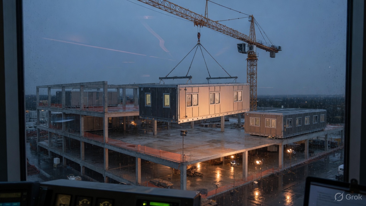 Volumetric modules being craned onto a mid-rise frame at dusk